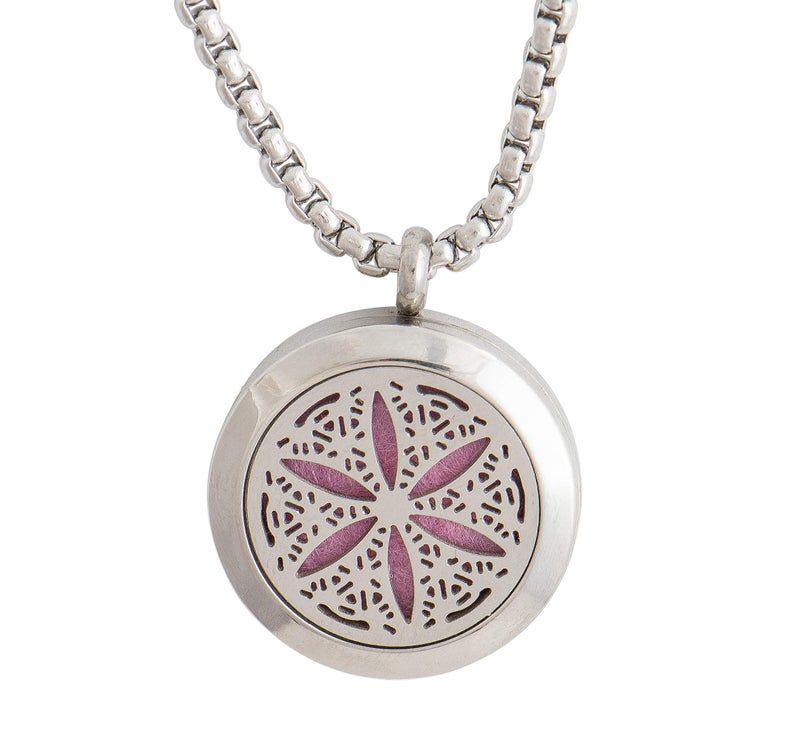 mEssentials Wild Essentials Flower of Life Essential Oil Diffuser Necklace, Stainless Steel Locket Pendant with 24 inch Chain, 12 Color Refill Pads, Customizable Color Changing Perfume Jewelry for Aromatherapy - Image 1